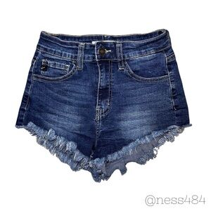 Kancan Distressed Denim Cutoff Shorts Blue Frayed Hem High Rise Women's Size 1/2